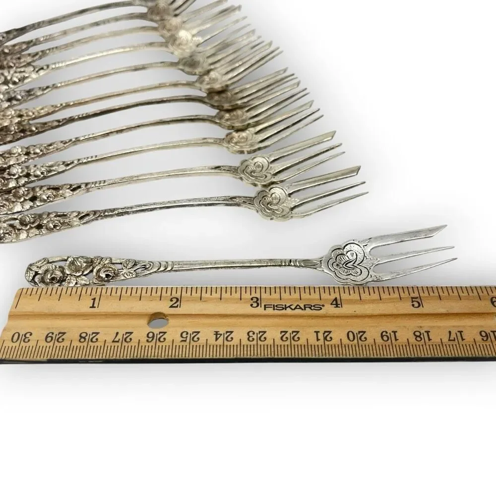 Silver 800 835 Dessert Pastry Mini Forks Fork Lot of 12 Floral Ornate Rose 5.5”